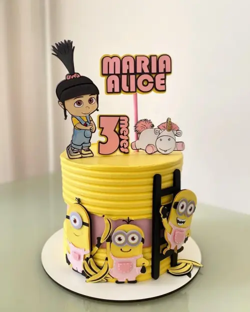Topo de Bolo Agnes e Minions Rosa