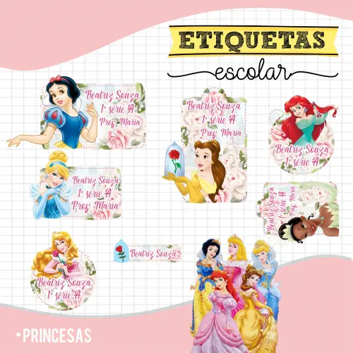 Arquivo digital Etiqueta Escolar princesas disney