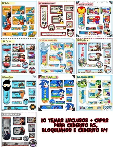 Arquivos Digitais Combo Etiquetas Escolar Meninos 10 Temas