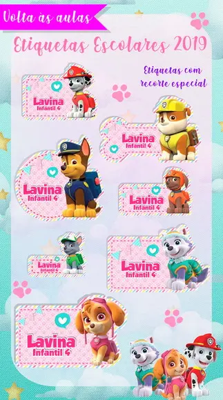 Etiquetas escolar patrulha canina menina e menino