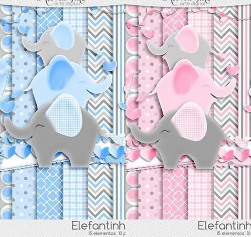 Kit Digital Combo Elefantinho Chevron Rosa e Azul