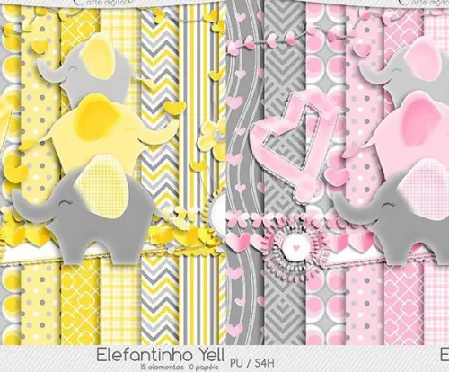 Kits digitais elefante rosa e amarelo