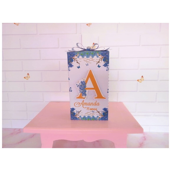 Caixa Retangular Alta Floral Azul
