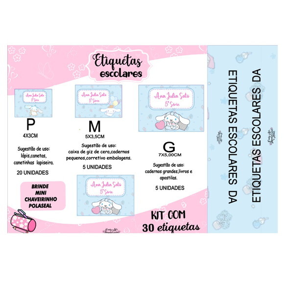 Etiqueta Escolar Cinnamoroll Kit 30 Unidades