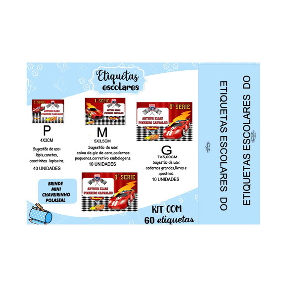 Etiqueta Escolar Carros Kit 60 Unidades
