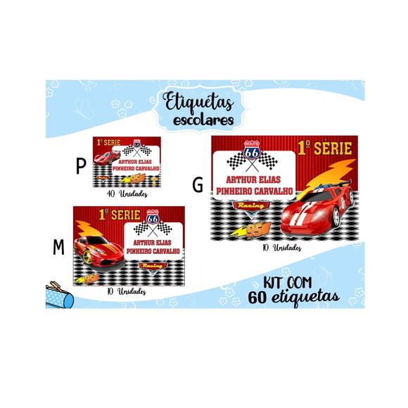 Etiqueta Escolar Carros Kit 60 Unidades