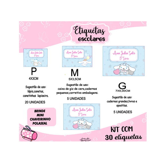 Etiqueta Escolar Cinnamoroll Kit 30 Unidades