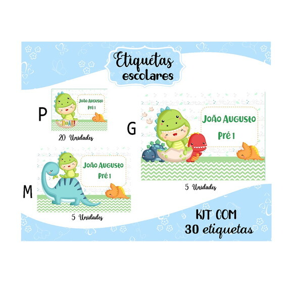 Etiqueta Escolar Dino Baby Kit 30 Unidades