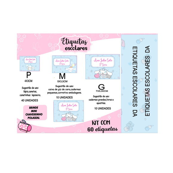 Etiqueta Escolar Cinnamoroll Kit 60 Unidades