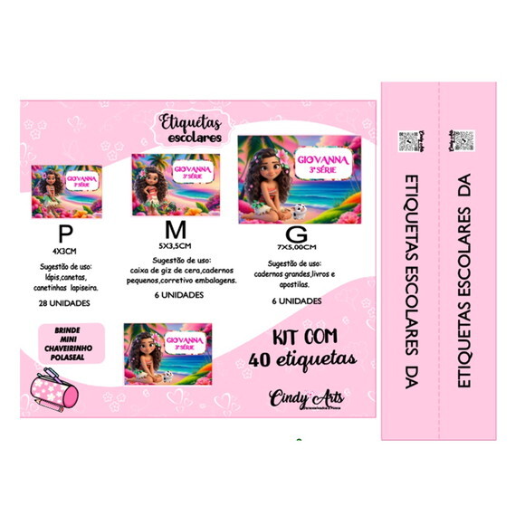Etiqueta Escolar Moana Cute Kit 40 Unidades
