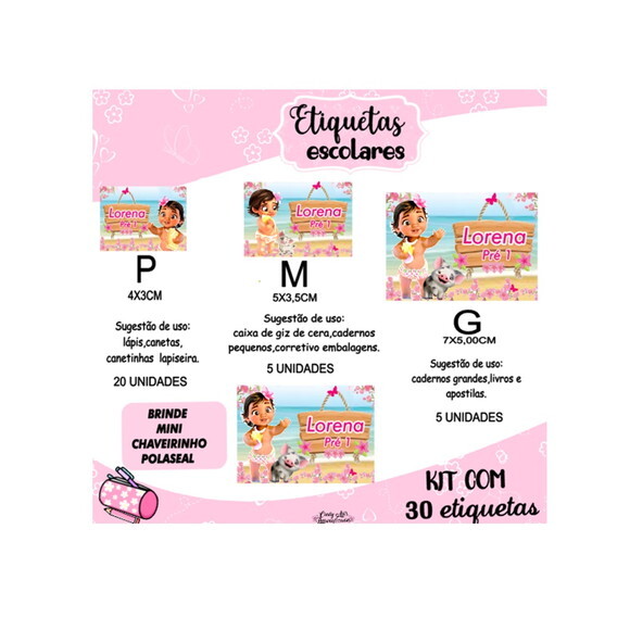 Etiqueta Escolar Moana Baby Kit 30 Unidades