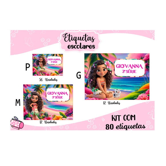 Etiqueta Escolar Moana Cute Kit 80 Unidades