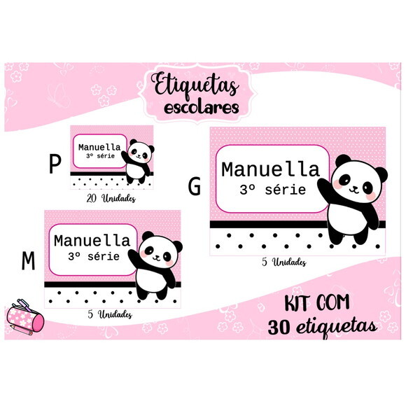 Etiqueta Escolar Panda Rosa 2.0 Kit 30 Unidades