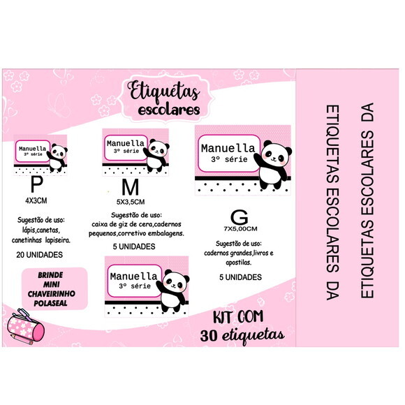Etiqueta Escolar Panda Rosa 2.0 Kit 30 Unidades