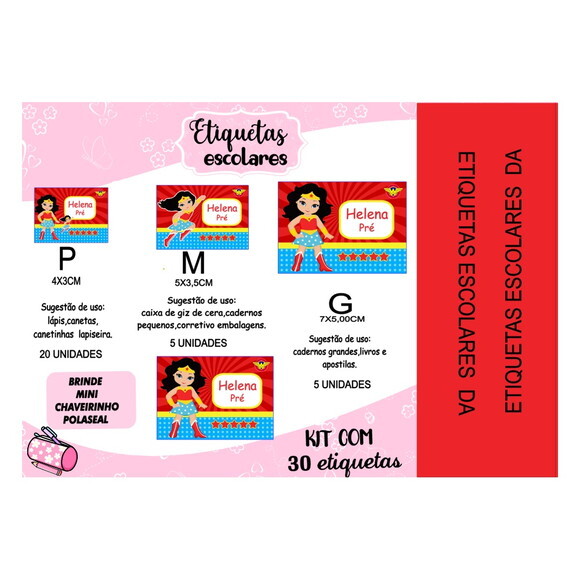 Etiqueta Escolar Mulher Maravilha Cute Kit 30 Unidades
