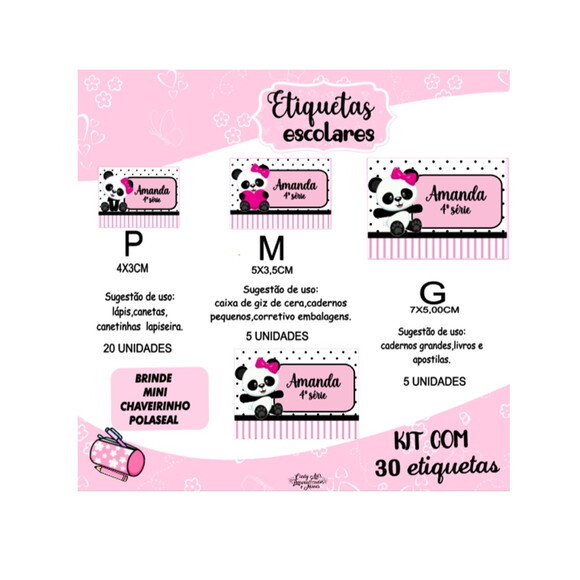 Etiqueta Escolar Panda Rosa Kit 30 Unidades