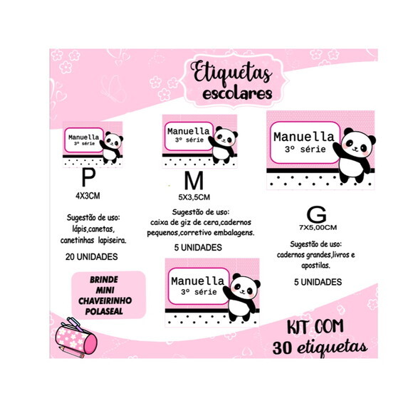 Etiqueta Escolar Panda Rosa 2.0 Kit 30 Unidades