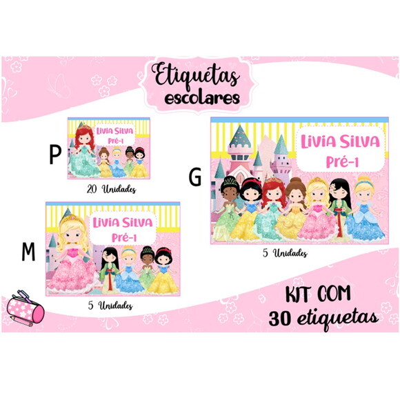 Etiqueta Escolar Princesas Cute Kit 30 Unidades