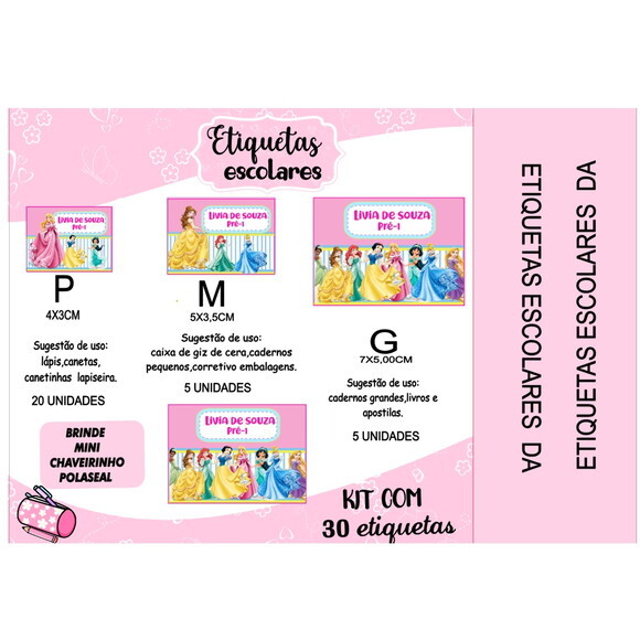 Etiqueta Escolar Princesas Kit 30 Unidades