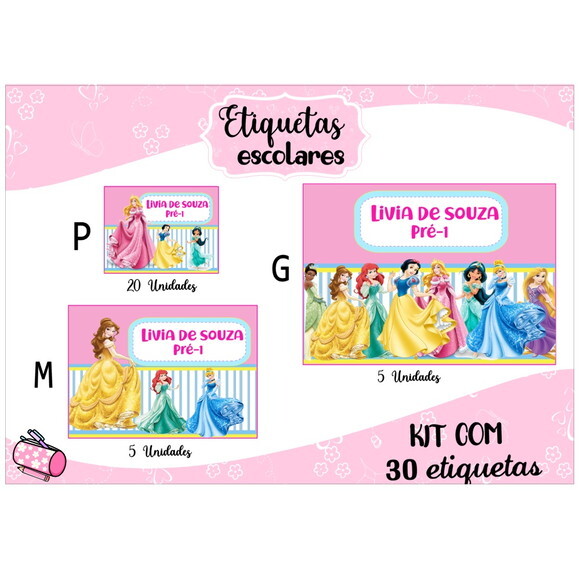 Etiqueta Escolar Princesas Kit 30 Unidades