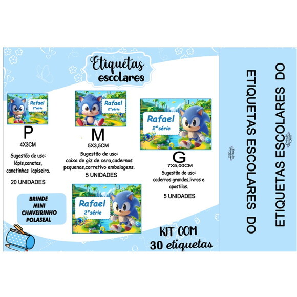 Etiqueta Escolar Sonic Cute Kit 30 Unidades