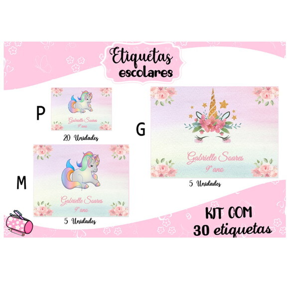 Etiqueta Escolar Unicórnio Kit 30 Unidades