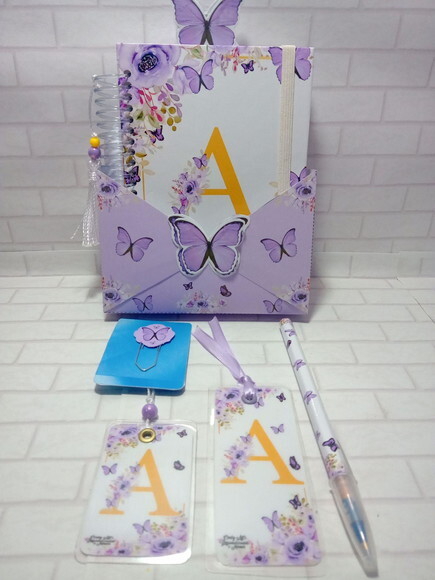 Kit Caderninho e Bloquinho Borboleta Lilás -caixa Envelope