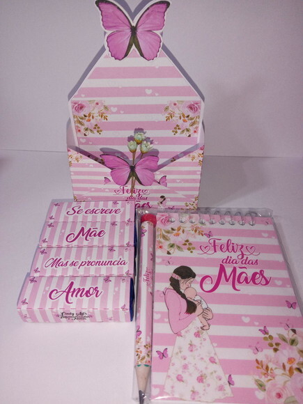 Kit Caixinha Envelope Dia das Mães-bloquinho+mini Lápis+bis