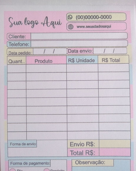 Talão de Pedidos Personalizado -50 Folhas