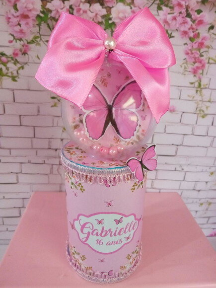 Cofrinho com Esfera Borboleta Rosa