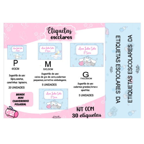 Etiqueta Escolar Cinnamoroll Kit 30 Unidades