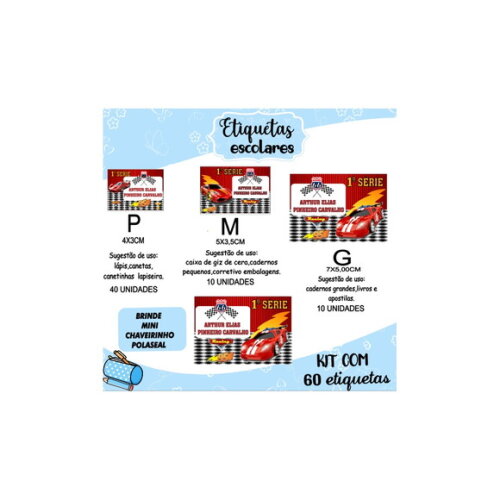Etiqueta Escolar Carros Kit 60 Unidades