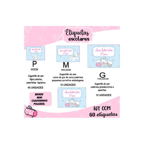 Etiqueta Escolar Cinnamoroll Kit 60 Unidades