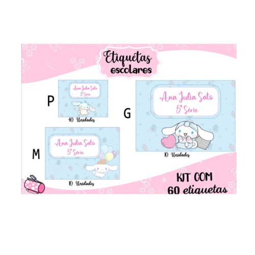 Etiqueta Escolar Cinnamoroll Kit 60 Unidades