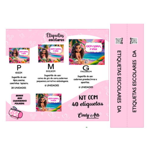 Etiqueta Escolar Moana Cute Kit 40 Unidades