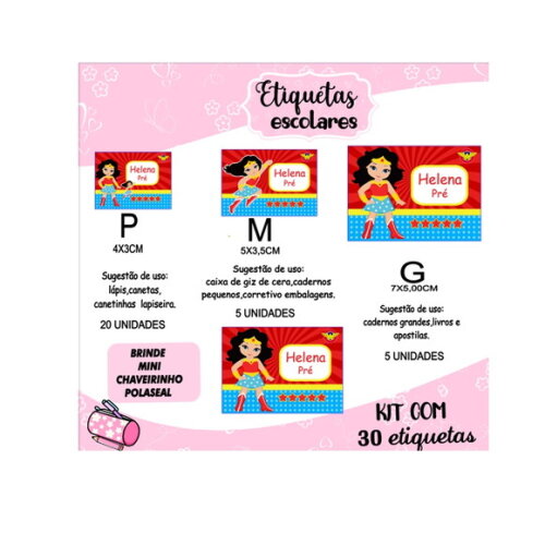 Etiqueta Escolar Mulher Maravilha Cute Kit 30 Unidades