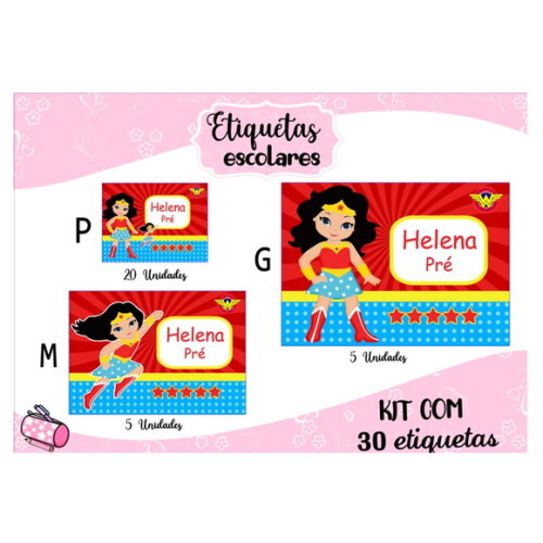 Etiqueta Escolar Mulher Maravilha Cute Kit 30 Unidades