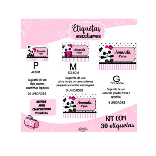 Etiqueta Escolar Panda Rosa Kit 30 Unidades