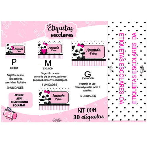 Etiqueta Escolar Panda Rosa Kit 30 Unidades