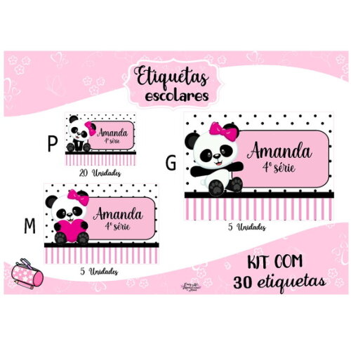 Etiqueta Escolar Panda Rosa Kit 30 Unidades