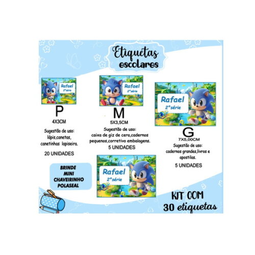 Etiqueta Escolar Sonic Cute Kit 30 Unidades