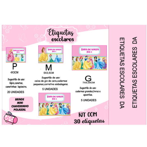 Etiqueta Escolar Princesas Kit 30 Unidades