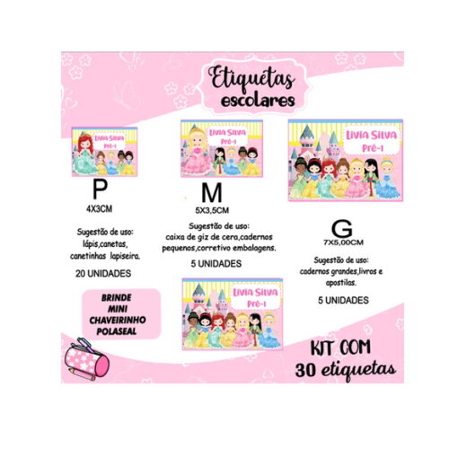 Etiqueta Escolar Princesas Cute Kit 30 Unidades