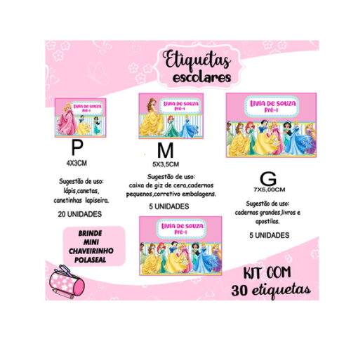 Etiqueta Escolar Princesas Kit 30 Unidades