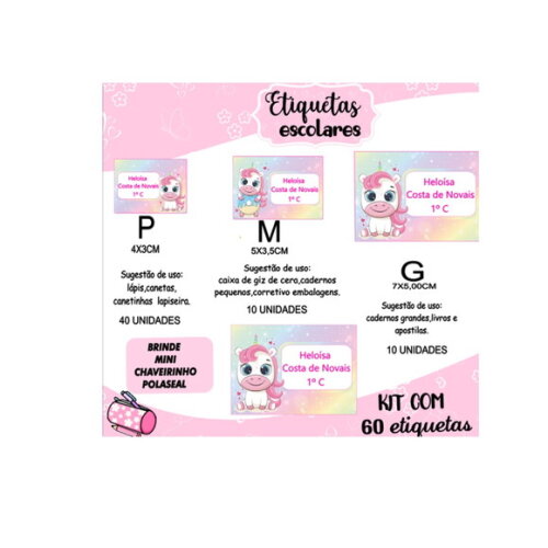 Etiqueta Escolar Unicórnio Baby Kit 60 Unidades