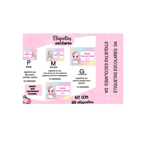 Etiqueta Escolar Unicórnio Baby Kit 60 Unidades