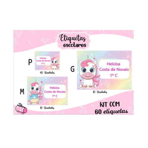 Etiqueta Escolar Unicórnio Baby Kit 60 Unidades