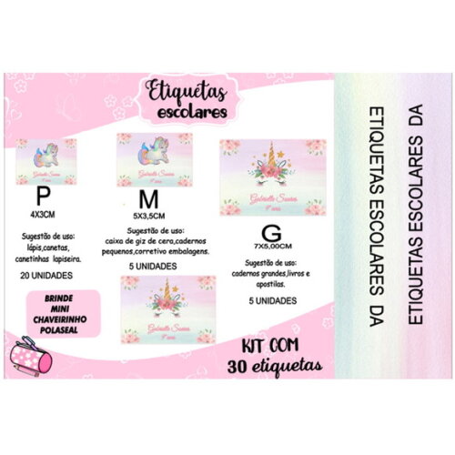 Etiqueta Escolar Unicórnio Kit 30 Unidades