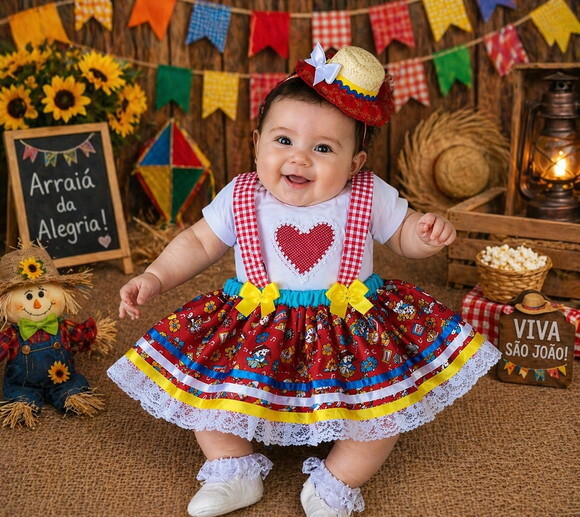 Conjunto Festa Junina Bebê / jardineira com Body Personaliza