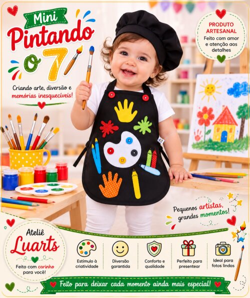 Avental Infantil Pintando o 7 com Boina – Kit Artista Infantil